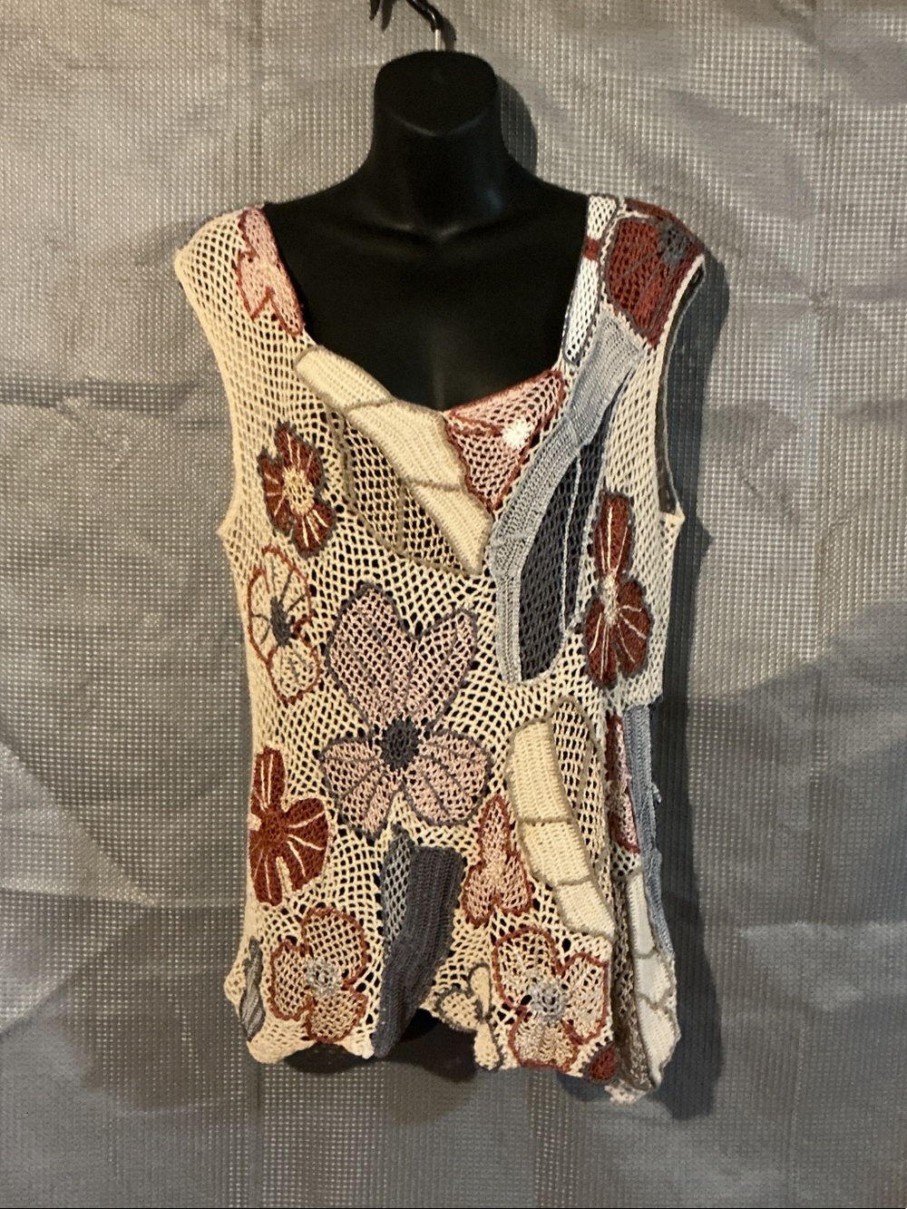 Angel Of The North Crochet Patchwork Floral Tank in Cream, Rust & Gray